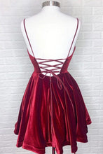 Load image into Gallery viewer, A-line Velvet Burgundy Spaghetti Straps Homecoming Dress