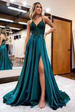 Load image into Gallery viewer, A Line Spaghetti Straps Green Long Prom Dress with Appliques