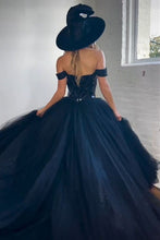 Load image into Gallery viewer, Black A-Line Off The Shoulder  Mirror Top Long Tulle Prom Dress With Split
