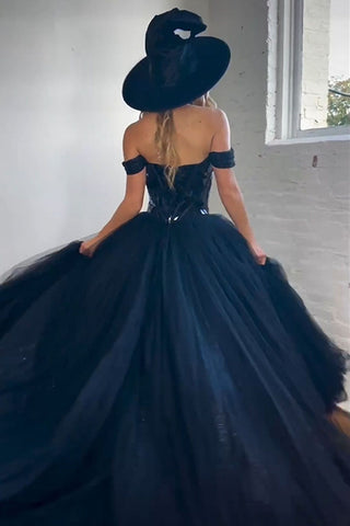Black A-Line Off The Shoulder  Mirror Top Long Tulle Prom Dress With Split