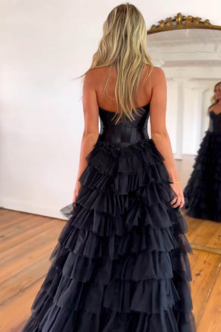 A-Line Sweetheart Black Long Ruffle Tulle Prom Dress With Split