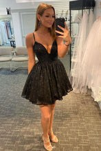 Load image into Gallery viewer, Black A-line Deep V Neck Short Homecoming Dress