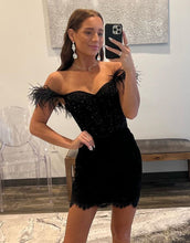 Load image into Gallery viewer, Black Off The Shoulder Glitter Homecoming Dress With Feather
