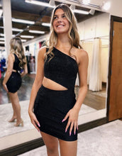 Load image into Gallery viewer, Black One Shoulder Cutout Waist Short Glitter Homecoming Dress
