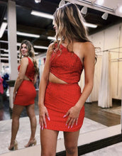Load image into Gallery viewer, Black One Shoulder Cutout Waist Short Glitter Homecoming Dress
