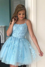 Load image into Gallery viewer, Blue A-line Corset Back Homecoming Dress With Applique
