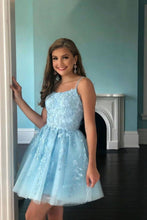 Load image into Gallery viewer, Blue A-line Corset Back Homecoming Dress With Applique
