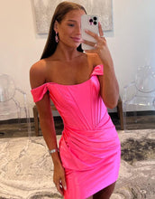 Load image into Gallery viewer, Bodycon Off The Shoulder Short Satin Homecoming Dress With Pleating
