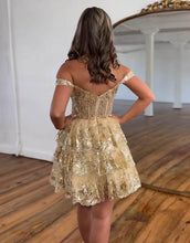 Load image into Gallery viewer, Stunning A-Line Off The Shoulder Tiered Glitter Homecoming Dress With Appliques

