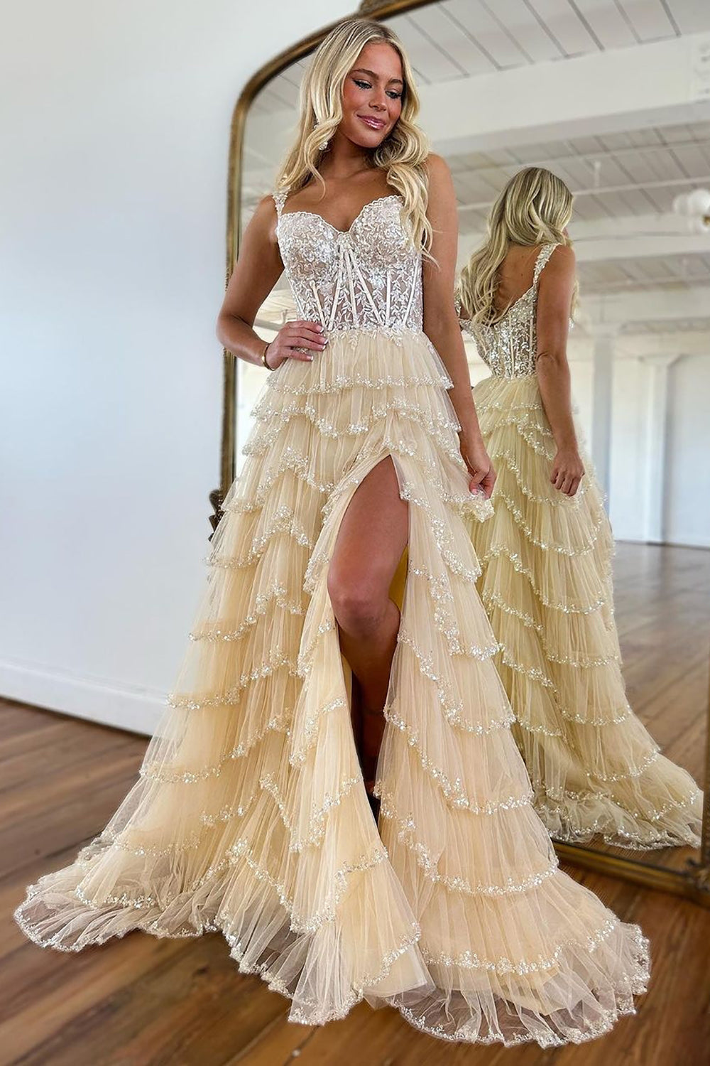 a line tiered prom dress Stacees 2026 Floral Print Strapless Ruched Corset Ruffle Prom Dress with Slit