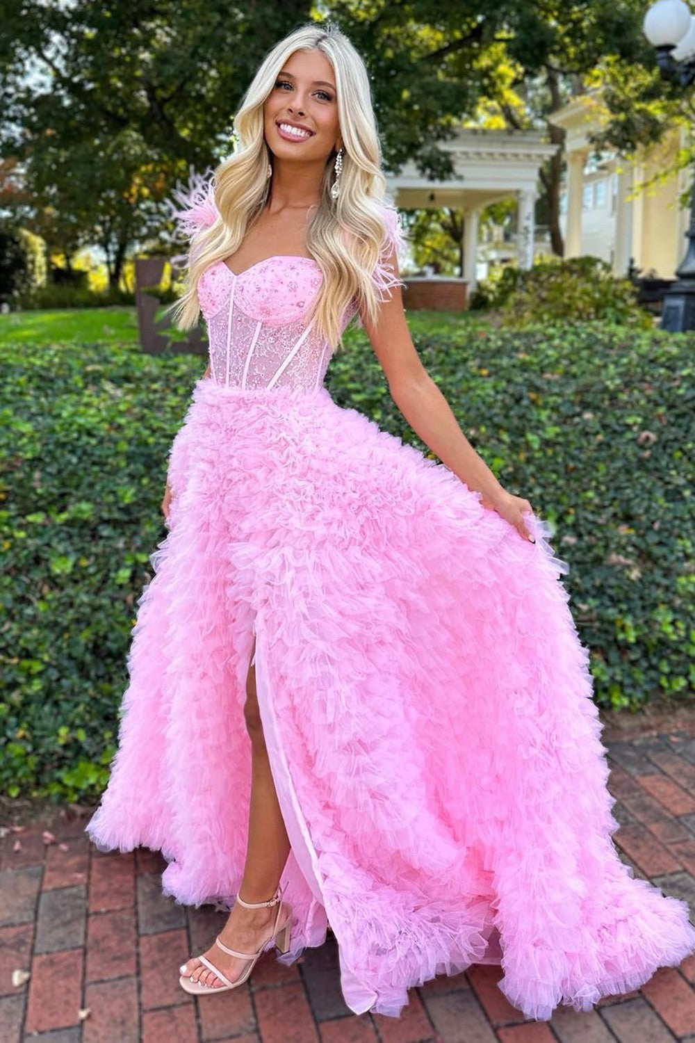 Luuvis Women Evening Dress Cute A-Line Feather Straps Long Ruffle Prom