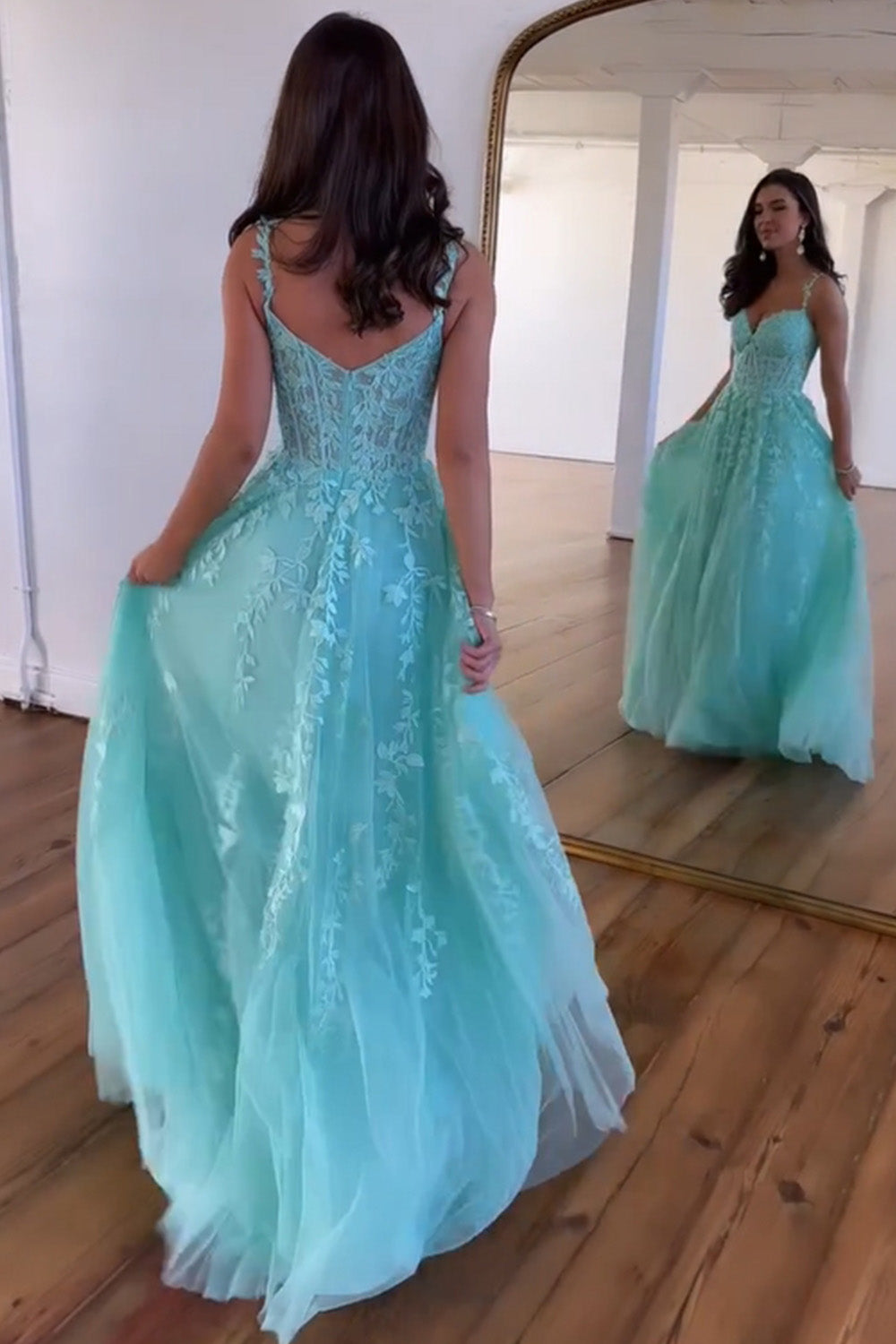 Cute Purple Lace Tulle Spaghetti Straps Side Slit A-Line Long Prom Dresses,SFPD0303 main image 1