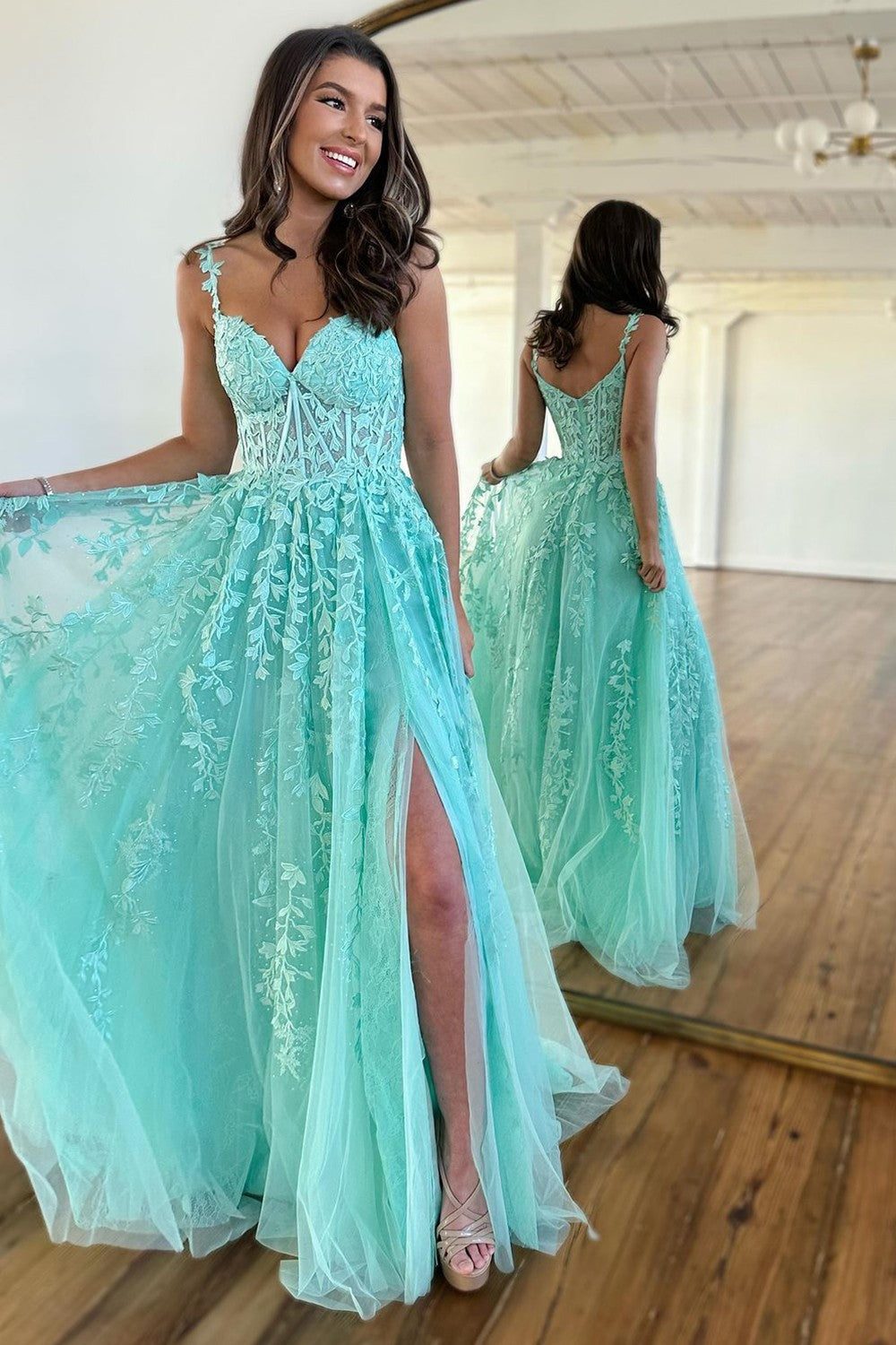 Luuvis Cute A-Line Spaghetti Straps Long Tulle Prom Party Dress With