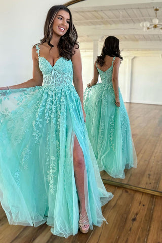 Cute A-Line Spaghetti Straps Long Tulle Prom Party Dress With Appliques
