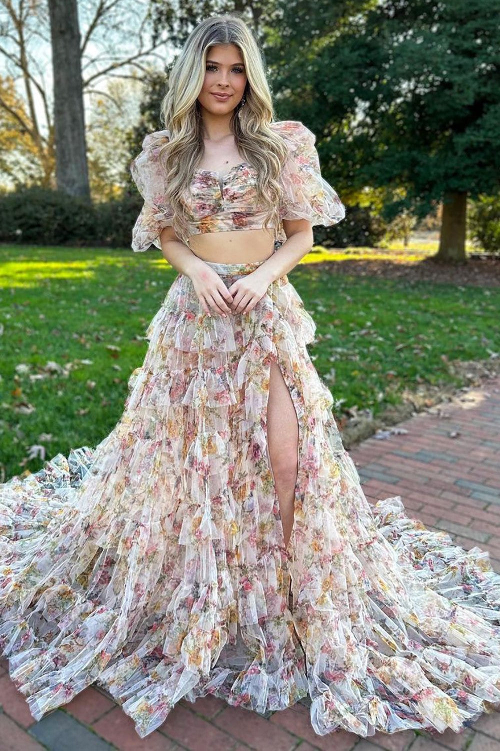 Luuvis Women Long Print Tulle Prom Dress Cute A-Line Two Pieces Square