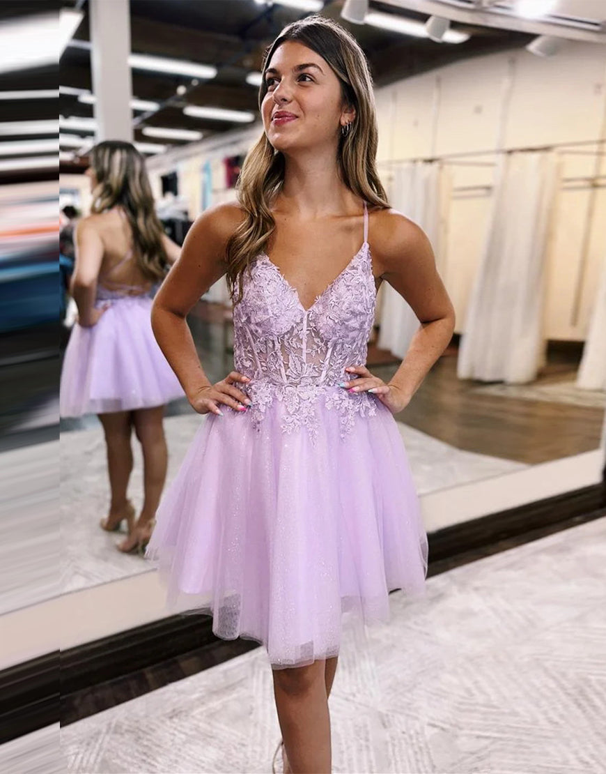 Luuvis Woman Cute Lilac A-Line Lace Up Tulle Homecoming Dress With Appliques Luuvis Woman Cute Lilac A-Line Lace Up Tulle Homecoming Dress With Appliques