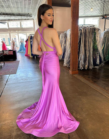 Deep V-Neck Cross Back Long Satin Prom Dress With Split