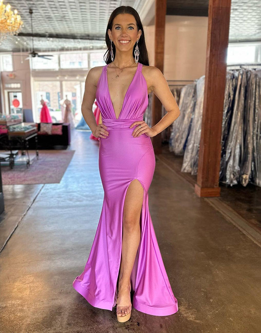 Deep V-Neck Cross Back Long Satin Prom Dress With Split