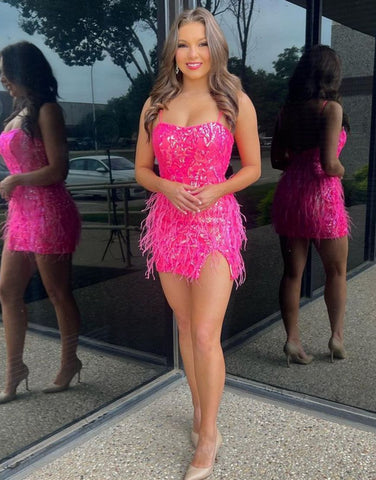Fuchsia Bodycon Spaghetti Straps Party Dress With Feather