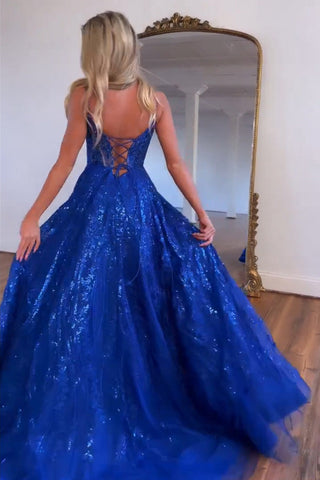 Glitter Royal Blue Spaghetti Straps Lace Up A-Line Long Prom Dress