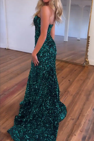Glitter Sequin Dark Green Mermaid Sweetheart Long Prom Party Dress