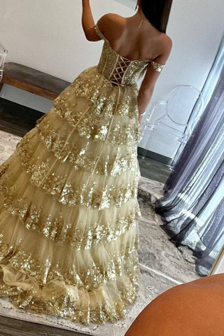 Gorgeous Gold A-Line Off The Shoulder Lace Up Long Prom Dress with Sequin