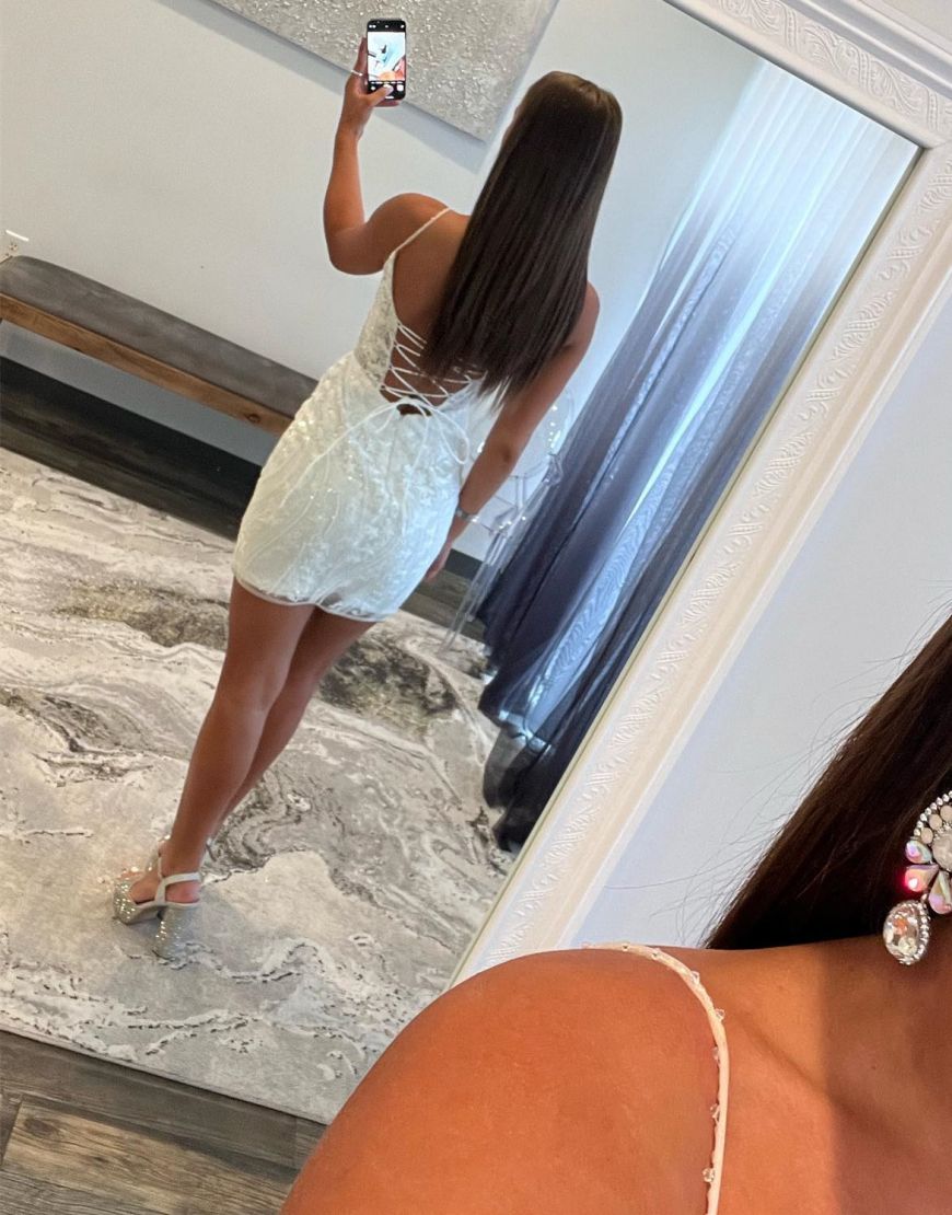 Luuvis Woman Gorgeous Spaghetti Straps Lace Up Tight Glitter Homecoming  Dress | HOCO Party Dresses