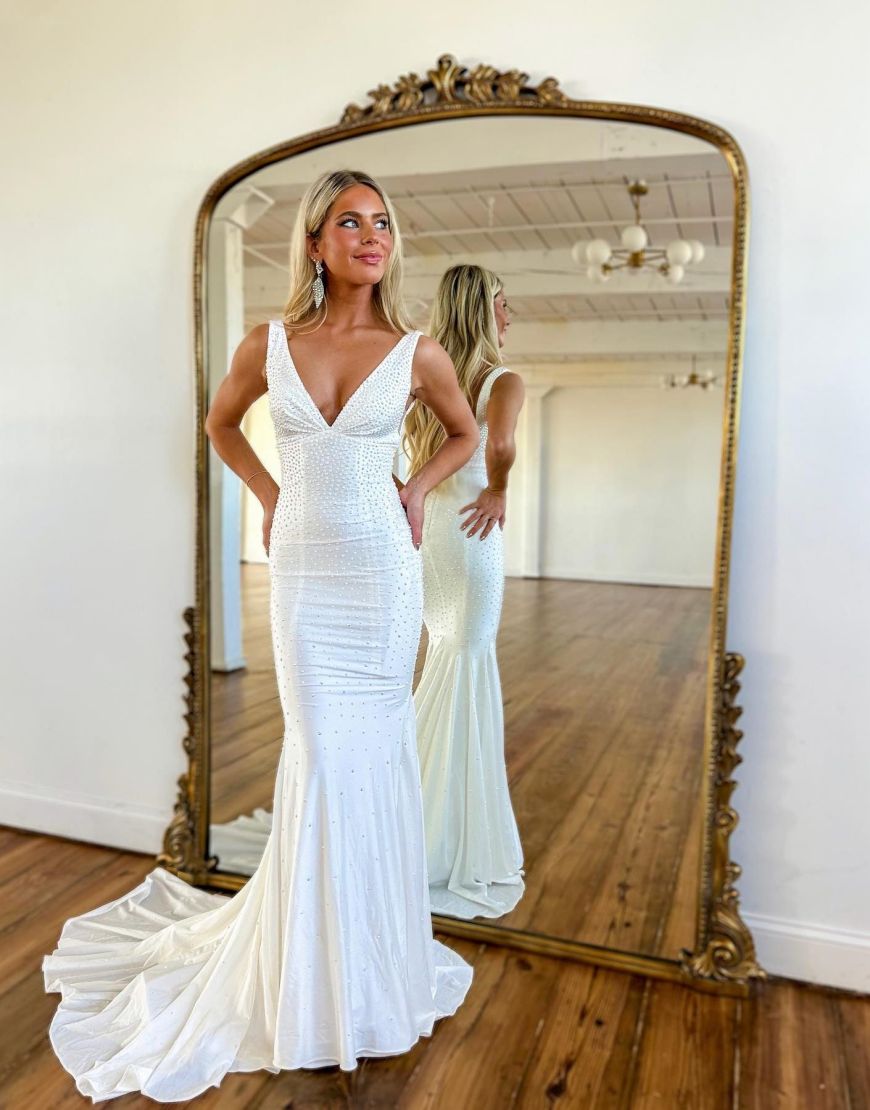 V Neck Yellow Mermaid Formal Dress with Train