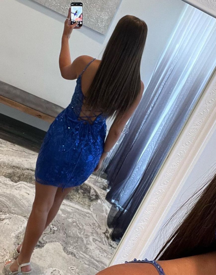 Luuvis Women Gorgeous Royal Blue Corset Back Tight Glitter Homecoming Dress 