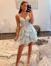 Load image into Gallery viewer, A-Line Glitter Off The Shoulder Tiered Short Homecoming Party Dress
