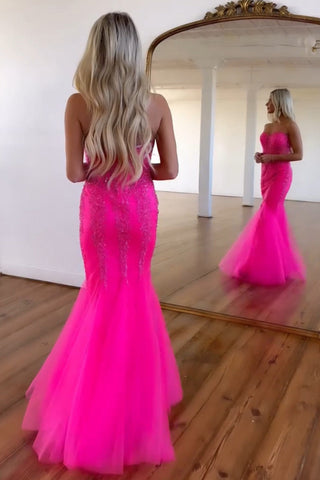 Hot Pink Floor Length Mermaid Sweetheart Tulle Prom Dress With Beading