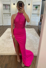 Load image into Gallery viewer, Hot Pink Halter Long Sequined Prom Dress With Split
