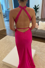 Load image into Gallery viewer, Hot Pink Halter Long Sequined Prom Dress With Split