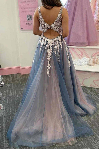 A-Line Keyhole Back Long Tulle Prom Dress with Appliques And Split