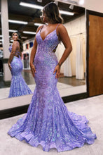 Load image into Gallery viewer, Sparkly Blue Mermaid Spaghetti Straps Sequins Long Backless Prom Dress
