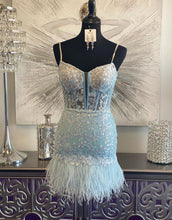 Load image into Gallery viewer, Light Blue Spaghetti Straps Short Tight Homecoming Dress with Feather
