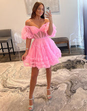 Load image into Gallery viewer, Sweet A-Line Off The Shoulder Short Tulle Homecoming Dress
