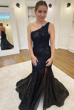 Load image into Gallery viewer, Mermaid One Shoulder Black Sequins Prom Dress With Split
