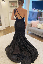 Load image into Gallery viewer, Mermaid One Shoulder Black Sequins Prom Dress With Split