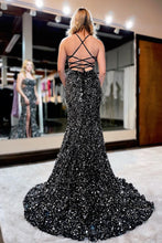 Load image into Gallery viewer, Mermaid Spaghetti Straps Black Sequins Long Prom Dress with Criss Cross Back
