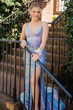 Load image into Gallery viewer, Mermaid Spaghetti Straps Light Blue Sequins Long Prom Dress with Split Front

