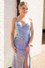 Load image into Gallery viewer, Mermaid Spaghetti Straps Light Blue Sequins Long Prom Dress with Split Front
