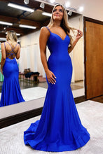Load image into Gallery viewer, Mermaid Spaghetti Straps Royal Blue Long Prom Dress with Criss Cross Back

