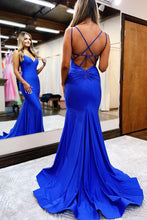 Load image into Gallery viewer, Mermaid Spaghetti Straps Royal Blue Long Prom Dress with Criss Cross Back
