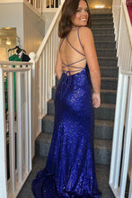 Load image into Gallery viewer, Mermaid Spaghetti Straps Royal Blue Sequins Long Prom Dress with Split Front