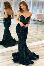 Load image into Gallery viewer, Mermaid Sweetheart Dark Green Sequins Long Prom Dress