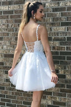 Load image into Gallery viewer, Mini A Line Spaghetti Straps Homecoming Dress With Lace Applique
