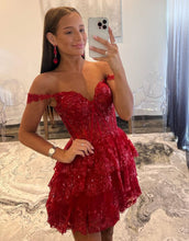 Load image into Gallery viewer, Stunning A-Line Off The Shoulder Tiered Glitter Homecoming Dress With Appliques
