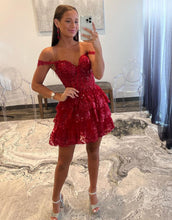 Load image into Gallery viewer, Stunning A-Line Off The Shoulder Tiered Glitter Homecoming Dress With Appliques
