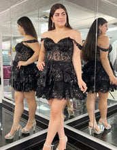 Load image into Gallery viewer, Dark Blue Off The Shoulder A-Line Tiered Short Party Dress
